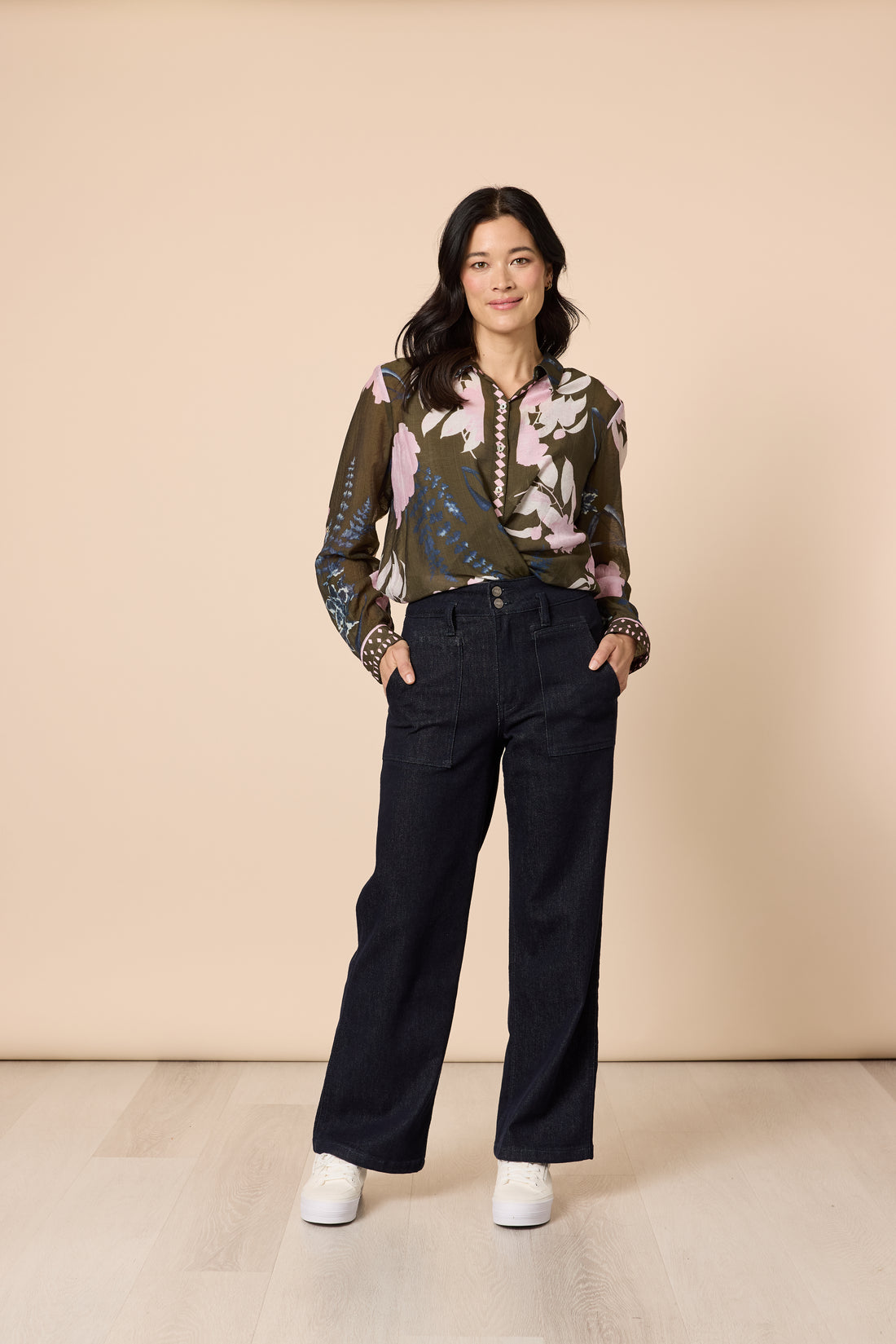 Khaki Pink Botanical Print Long Sleeve Shirt | Relaxed Floral Viscose Blend Blouse Australia