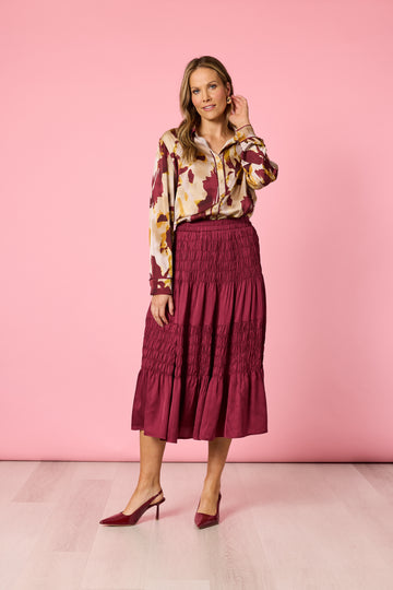 Shirt Verona Collar Button Front Shiraz Multi | Burgundy Satin Finish Print Shirt Australia