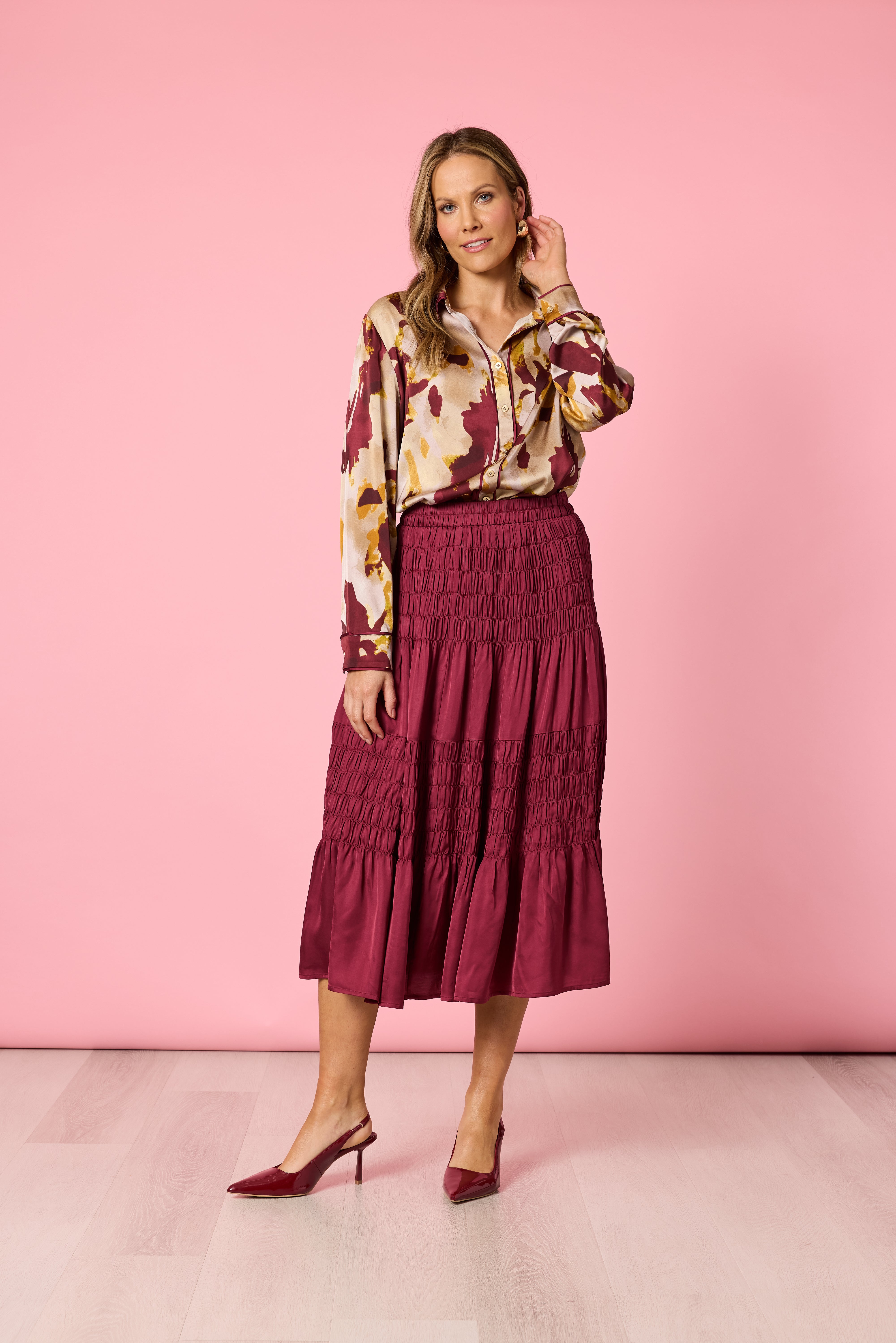 Shirt Verona Collar Button Front Shiraz Multi | Burgundy Satin Finish Print Shirt Australia