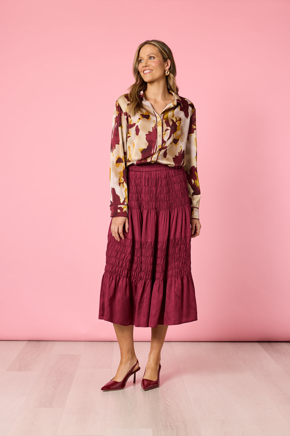 Shirt Verona Collar Button Front Shiraz Multi | Burgundy Satin Finish Print Shirt Australia