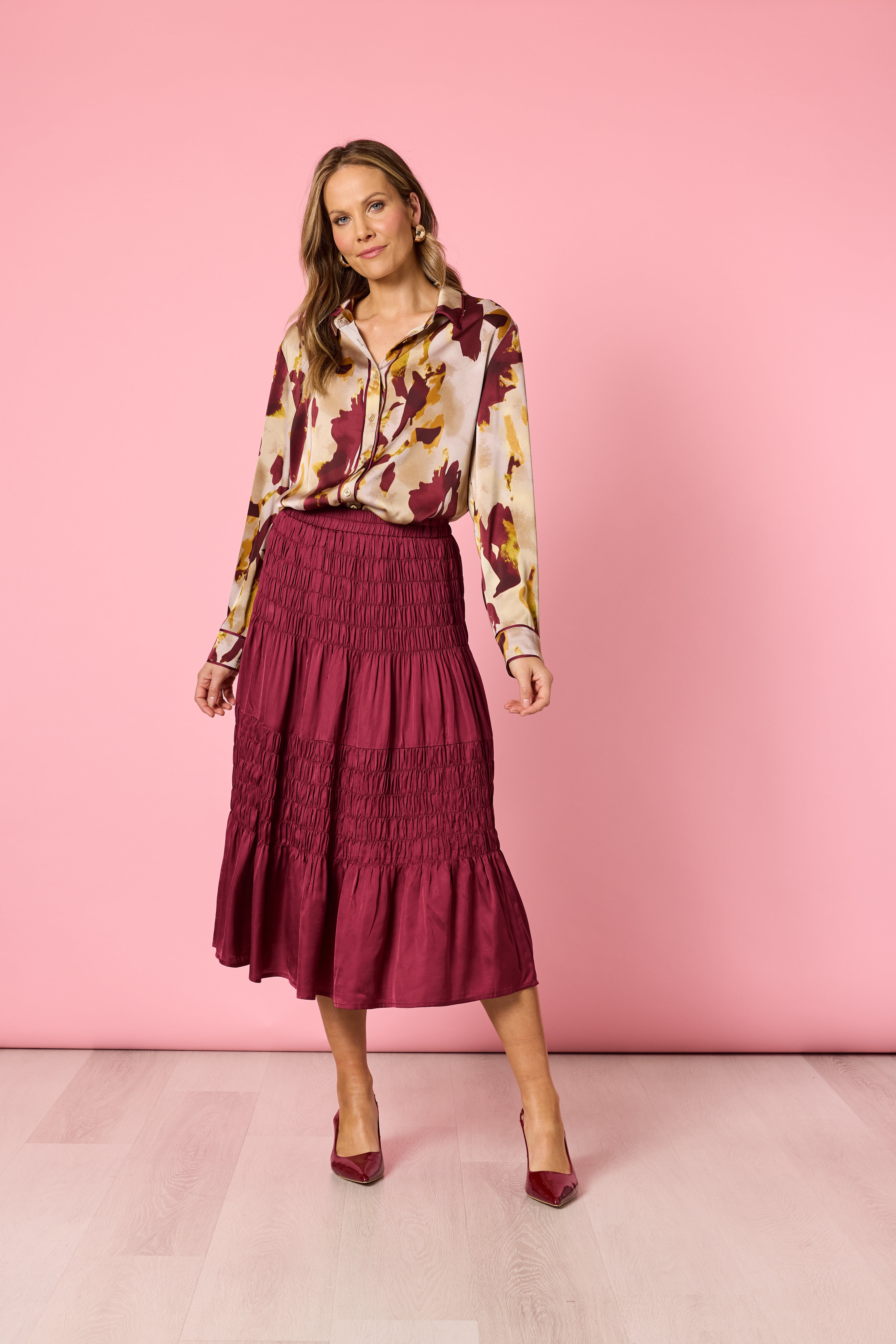 Shirt Verona Collar Button Front Shiraz Multi | Burgundy Satin Finish Print Shirt Australia