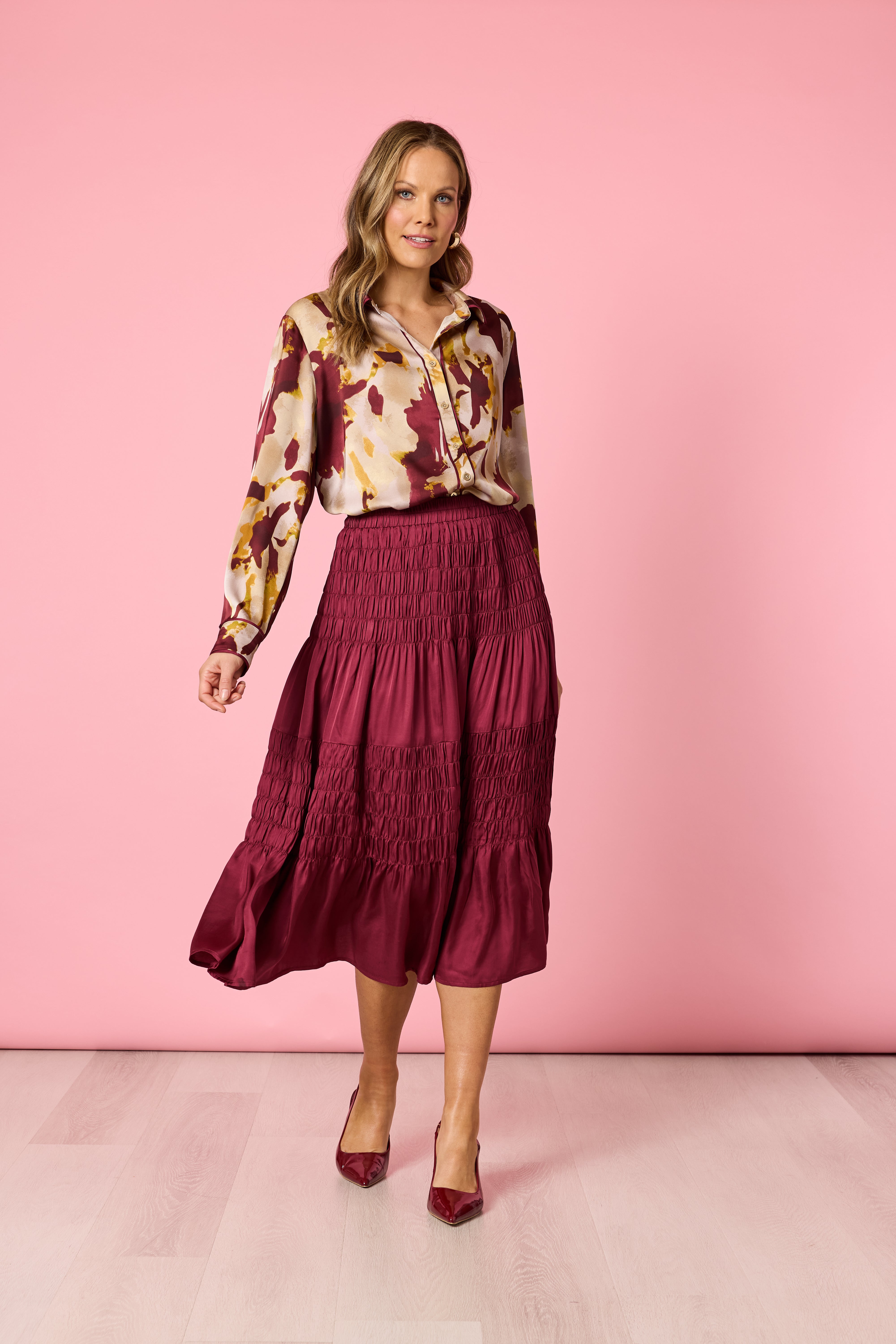 Shirt Verona Collar Button Front Shiraz Multi | Burgundy Satin Finish Print Shirt Australia