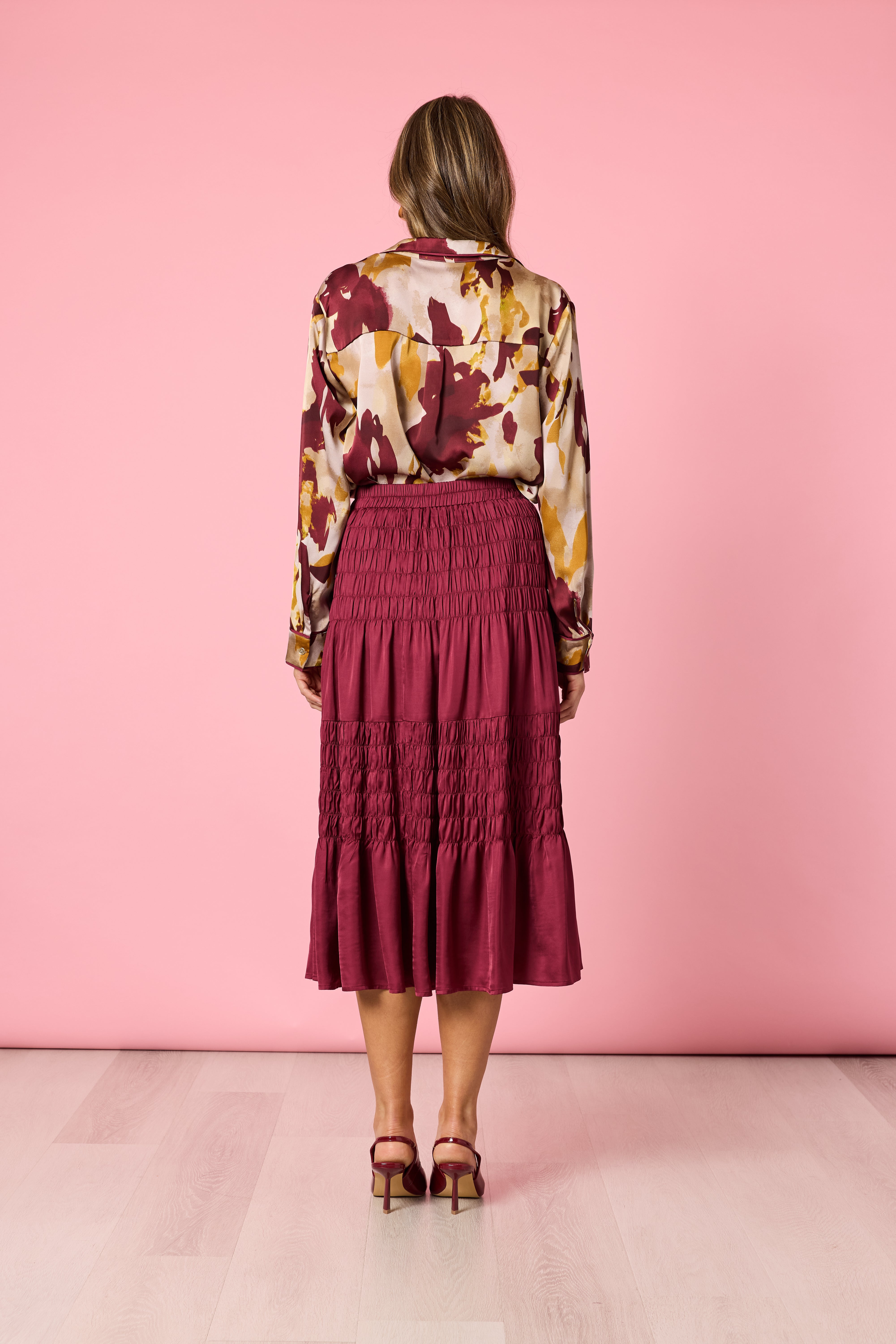 Shirt Verona Collar Button Front Shiraz Multi | Burgundy Satin Finish Print Shirt Australia