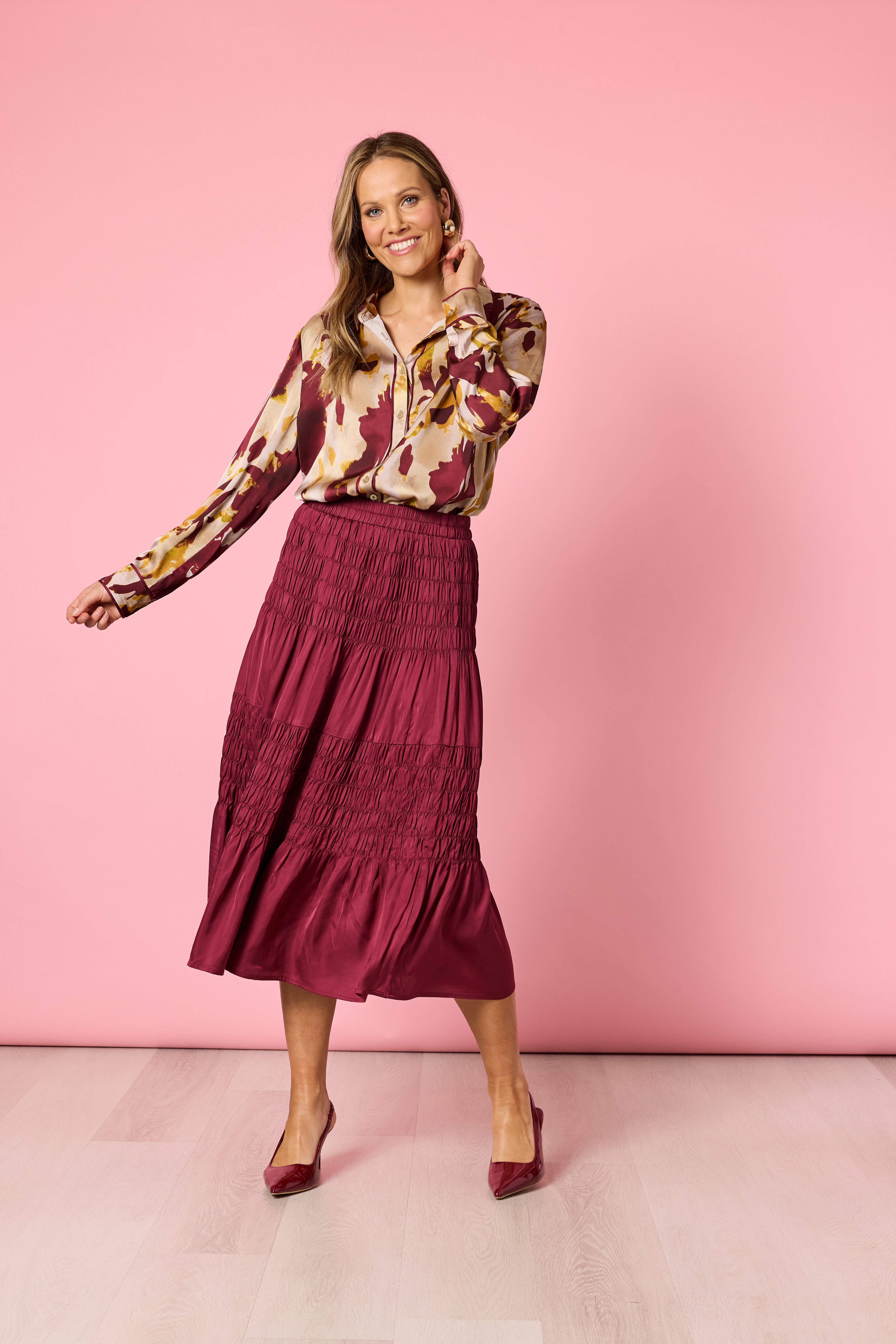 Shirt Verona Collar Button Front Shiraz Multi | Burgundy Satin Finish Print Shirt Australia