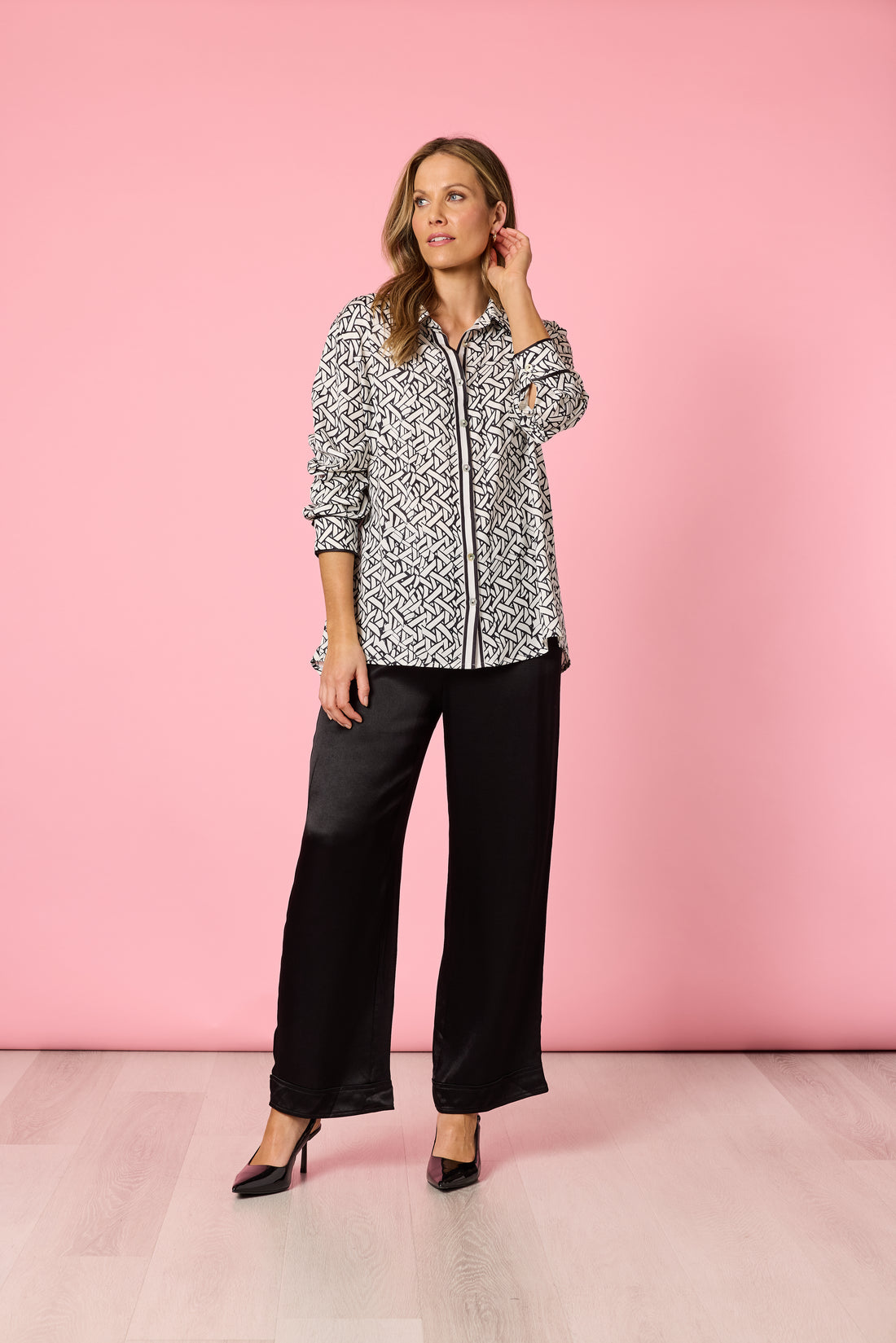 Shirt Collar Black Ivory Geometric Print | Monochrome Button Down Shirt Australia