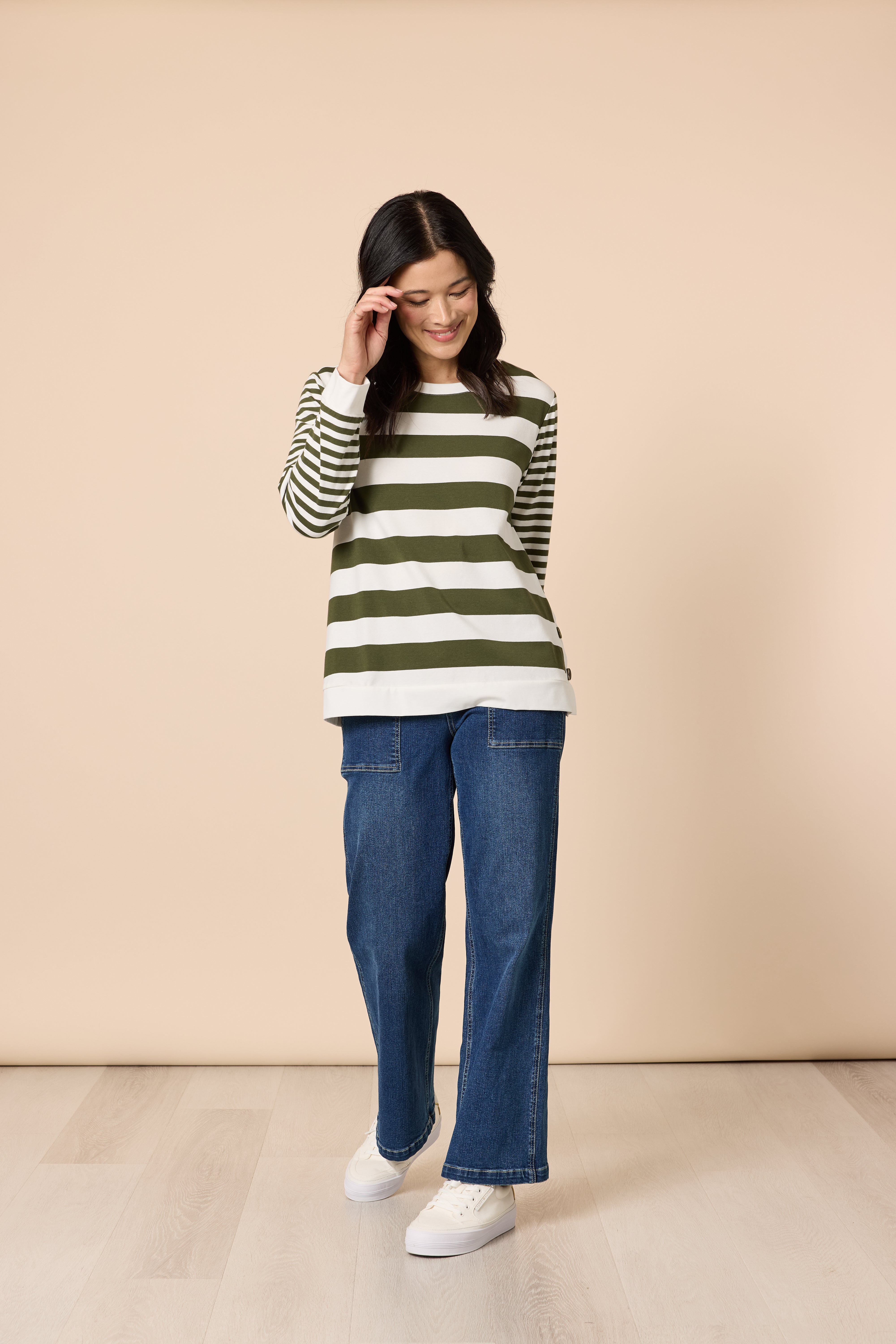 Khaki White Stripe Long Sleeve Top with Side Button Detail | Cotton Stretch Casual Top Australia