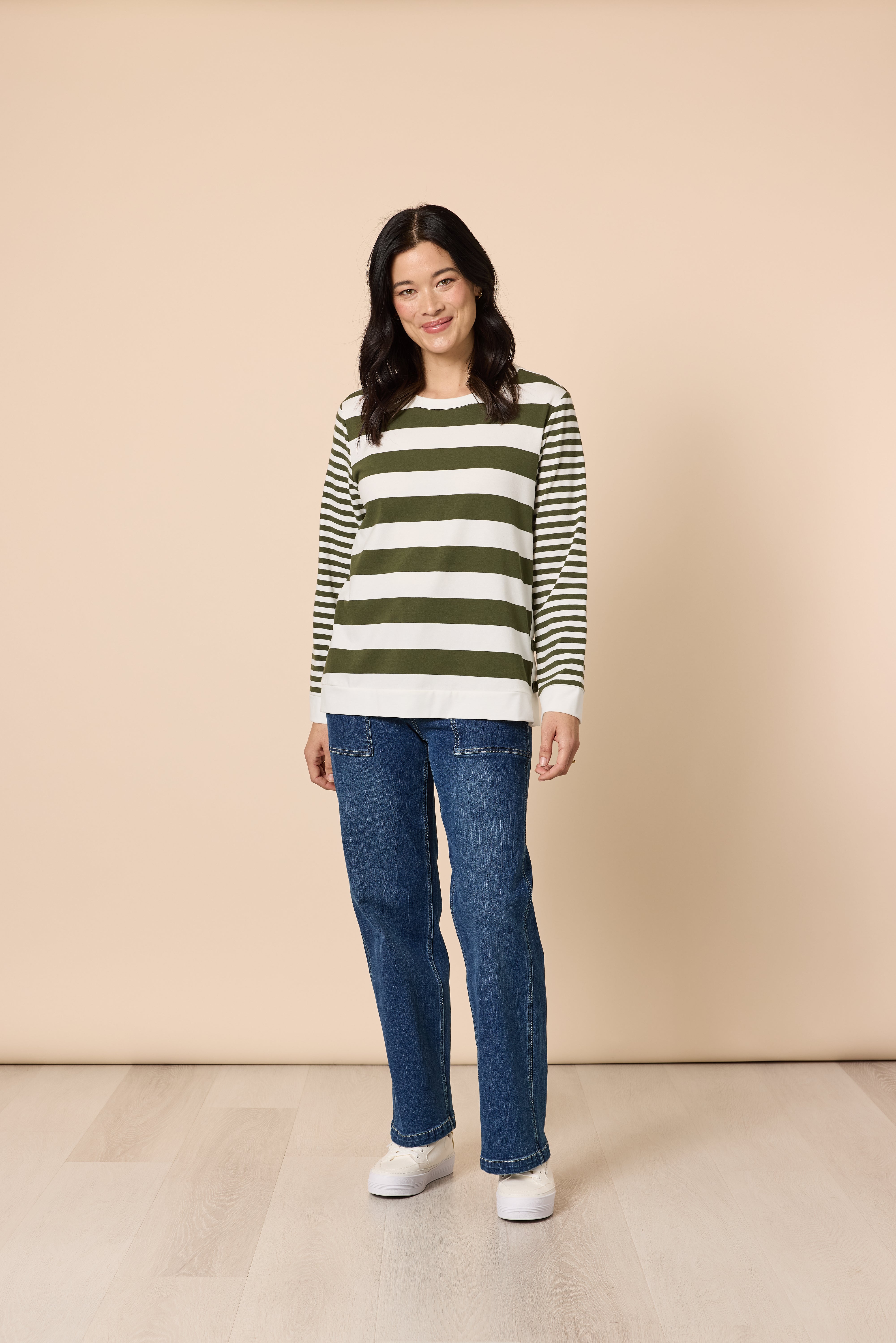 Khaki White Stripe Long Sleeve Top with Side Button Detail | Cotton Stretch Casual Top Australia