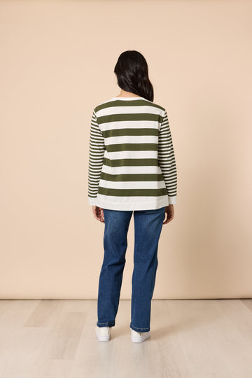 Khaki White Stripe Long Sleeve Top with Side Button Detail | Cotton Stretch Casual Top Australia