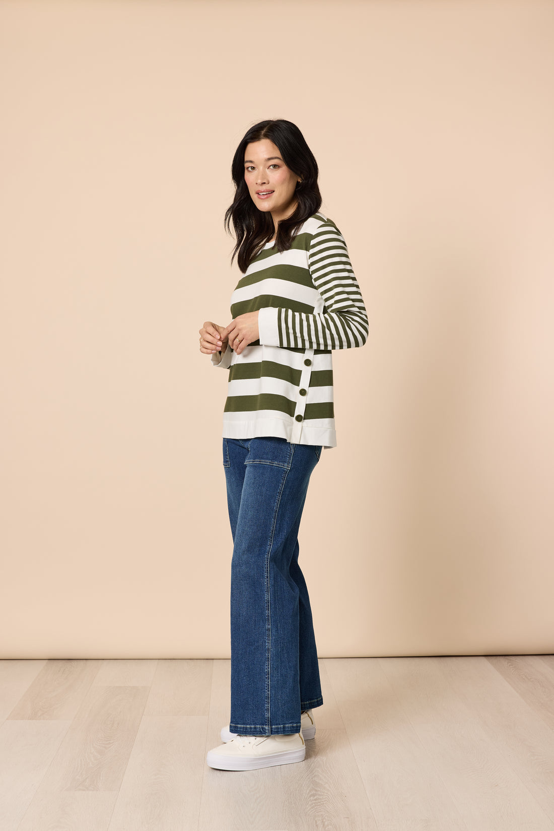 Khaki White Stripe Long Sleeve Top with Side Button Detail | Cotton Stretch Casual Top Australia