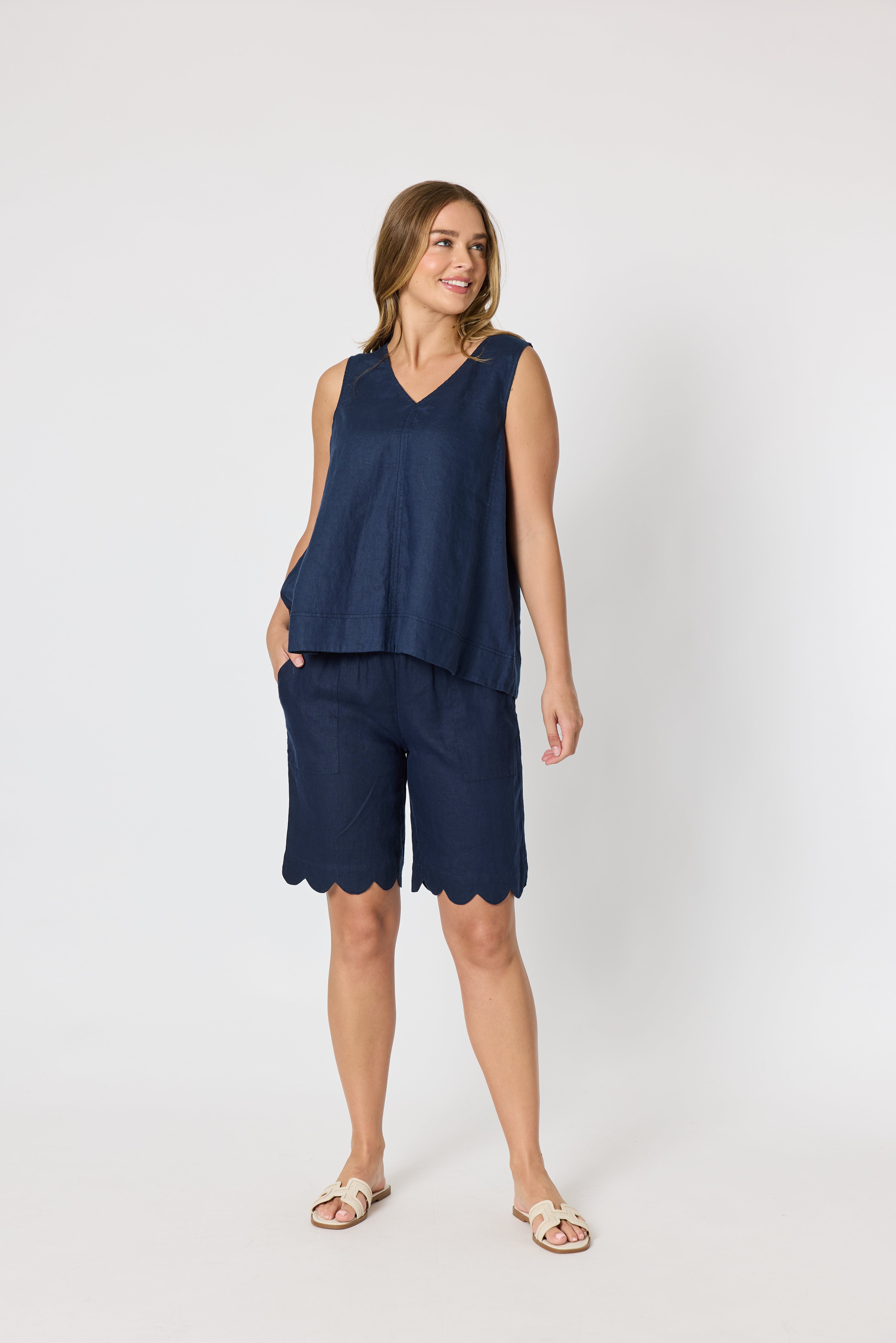 Navy Linen Sleeveless Top