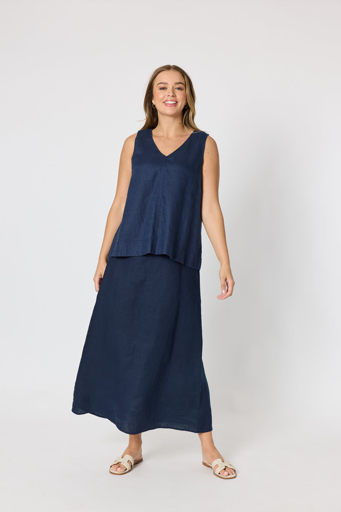 Navy Linen Sleeveless Top