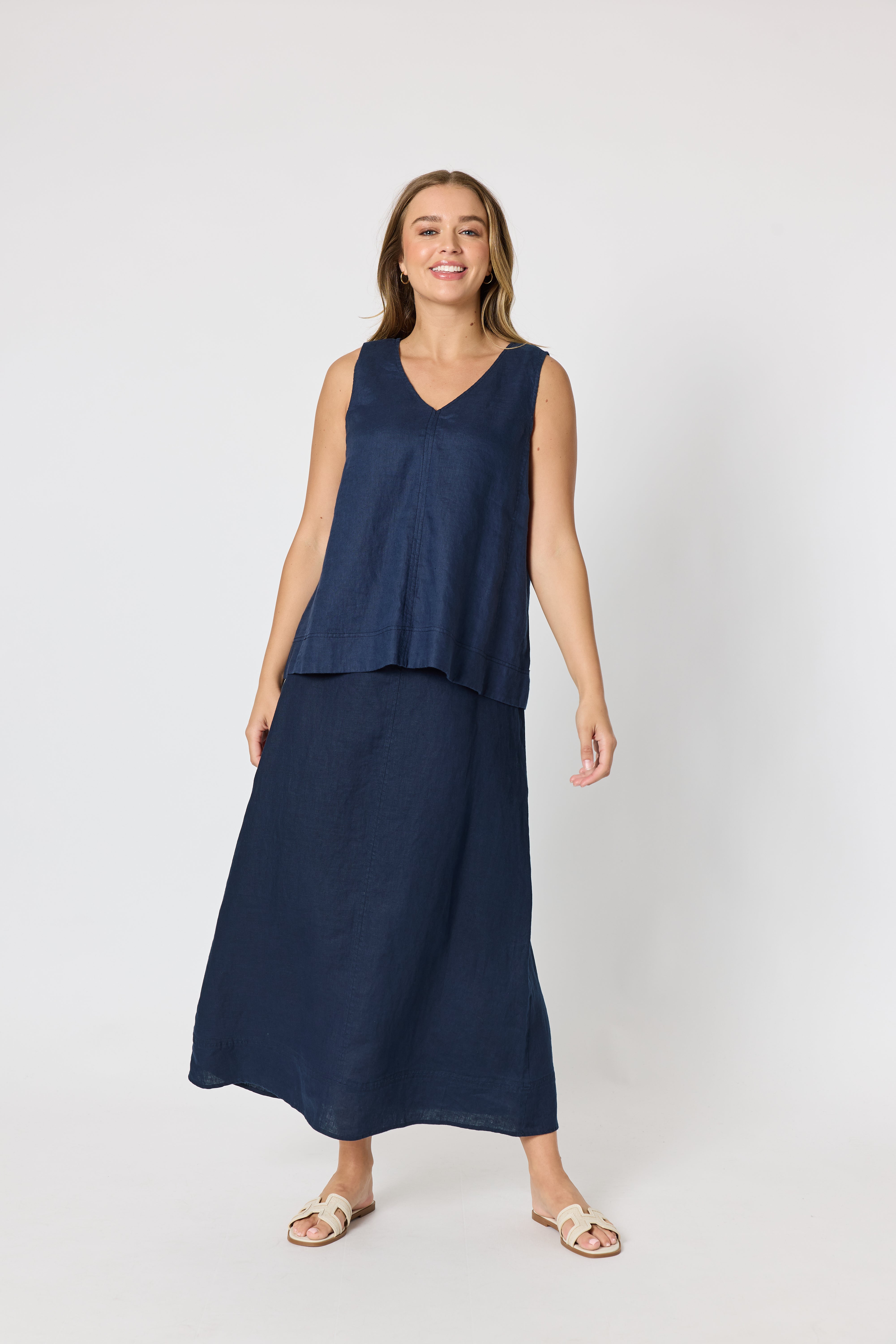 Navy Linen Sleeveless Top
