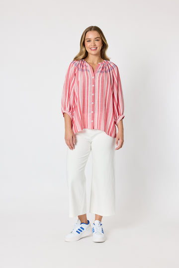 Red & White Stripe Embroidered Top