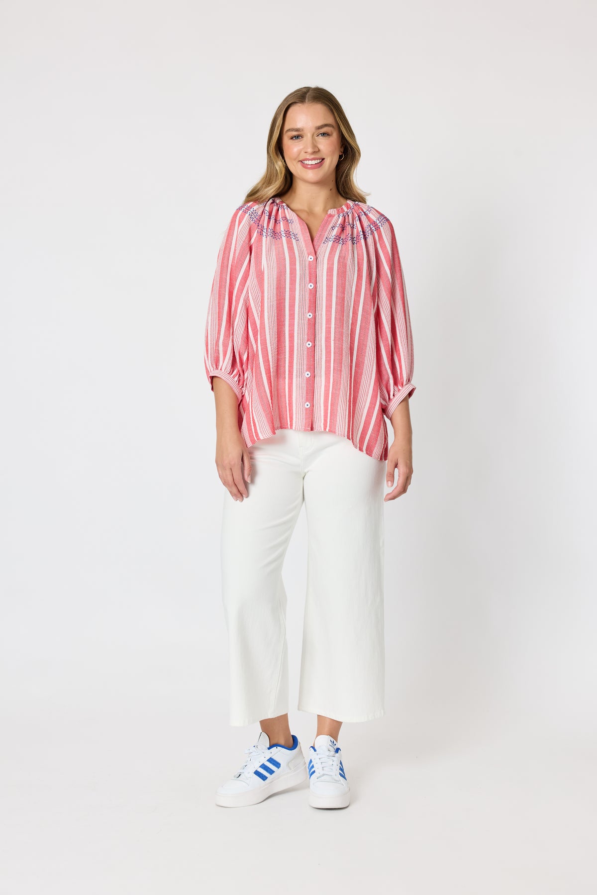 Red & White Stripe Embroidered Top