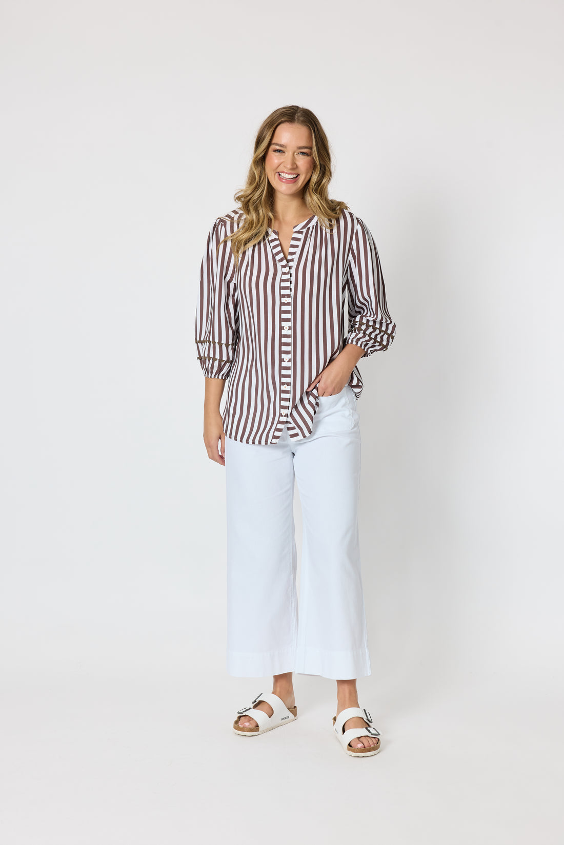 Coffee & White Striped Button-Up Top – Casual Elegance