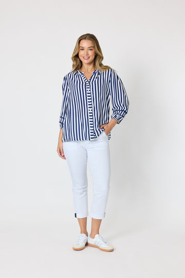 Navy & White Striped Button-Front Top