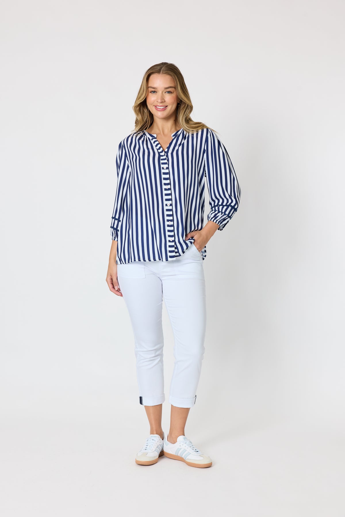 Navy & White Striped Button-Front Top