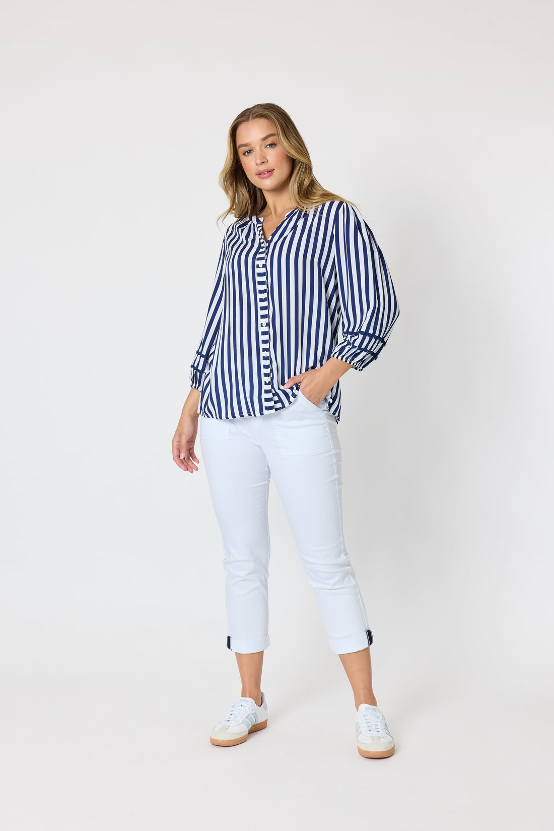 Navy & White Striped Button-Front Top