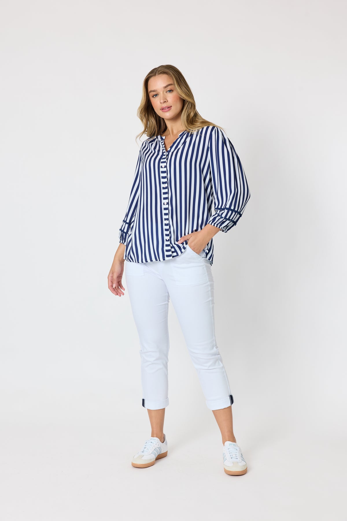 Navy & White Striped Button-Front Top