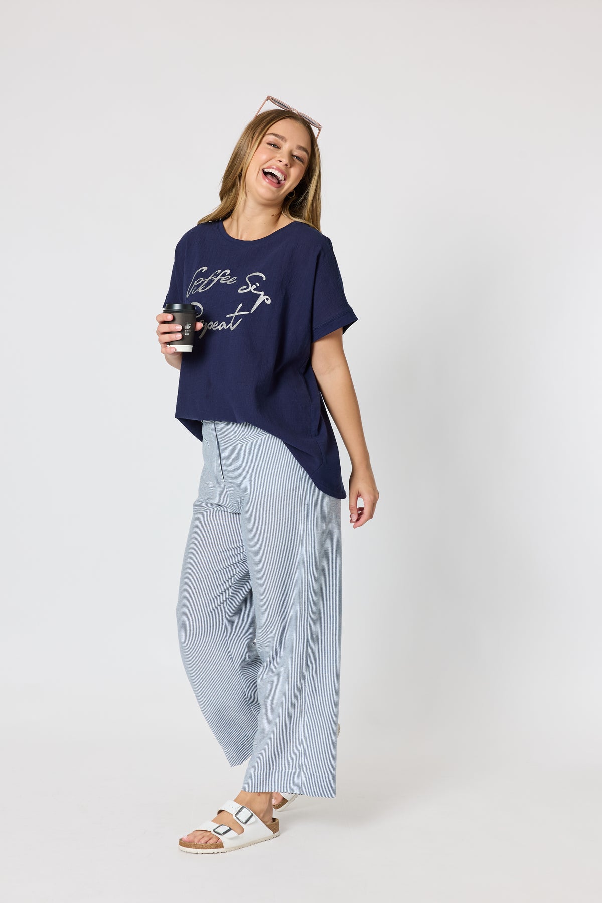 Navy & White Stripe Wide Leg Pants