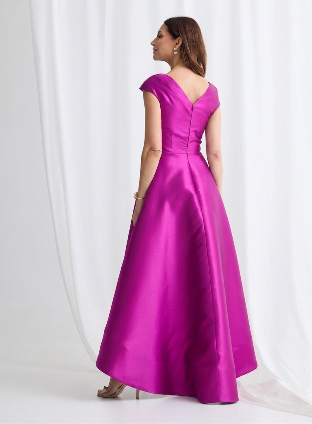Stylish chocolate hi lo party dress V back design