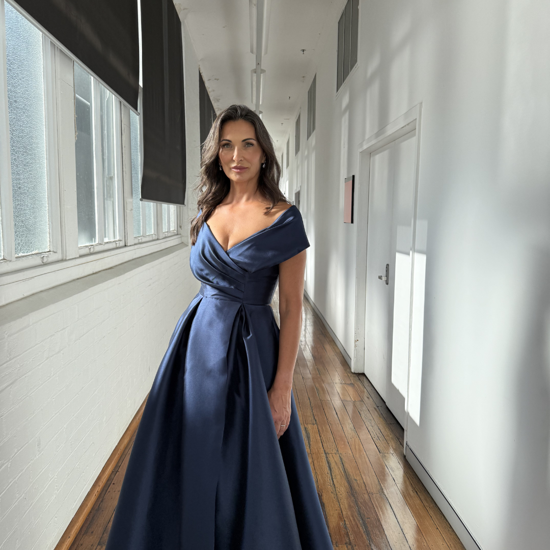 Eloisa Off Shoulder Gown Navy | Inverted Pleat Satin Formal Dress Australia