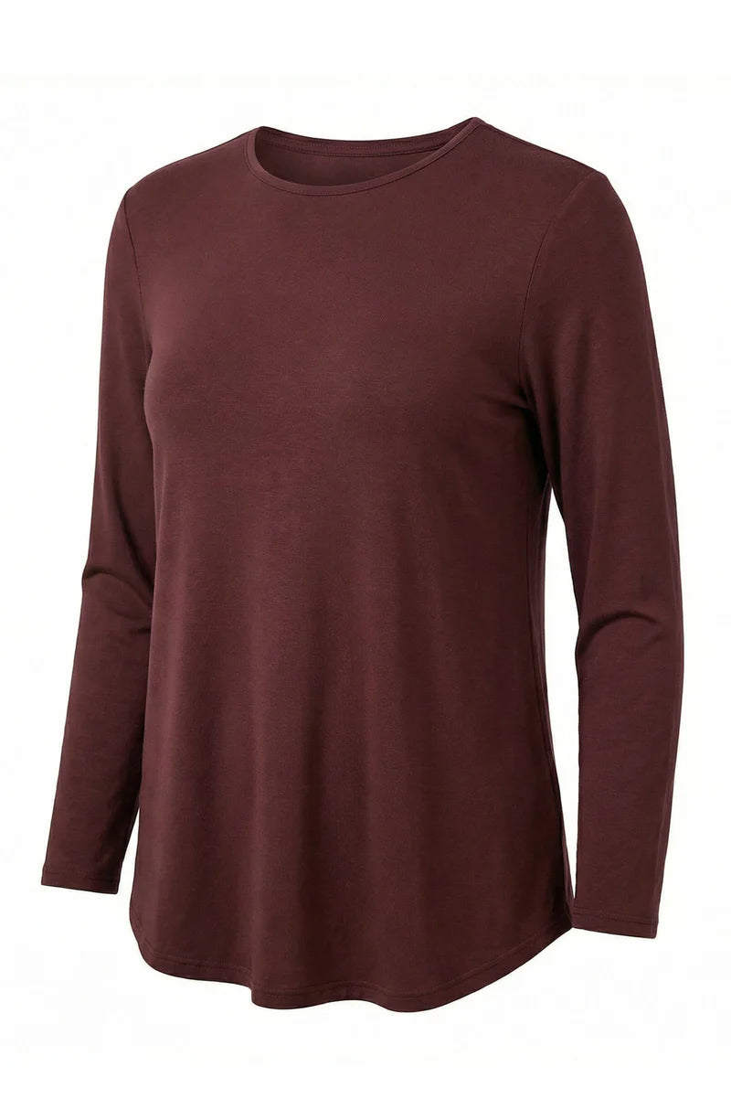 Merlot long sleeve tunic top for women with relaxed fit and curved hem, minimal design casual wear top isolated on white background Showies Boutique