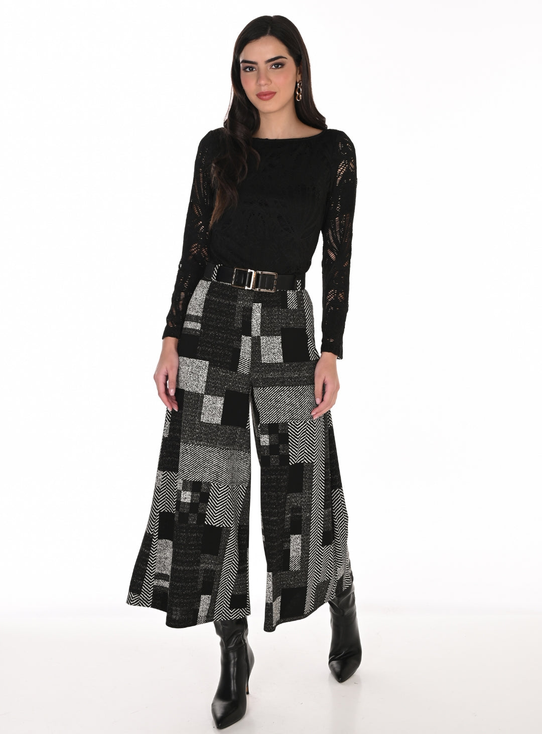 Black & White Geometric Wide-Leg Culotte Pants with Belt Detail | Elegant Wide-Leg Culotte Pants Australia