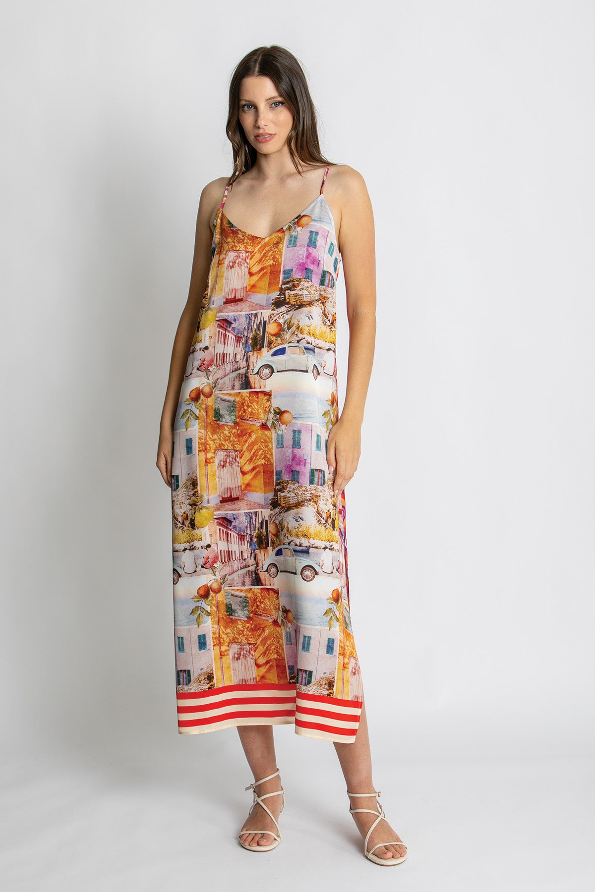 Colourful scenic print midi dress with striped hem.