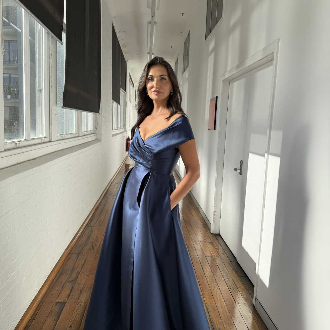 Eloisa Off Shoulder Gown Navy | Inverted Pleat Satin Formal Dress Australia