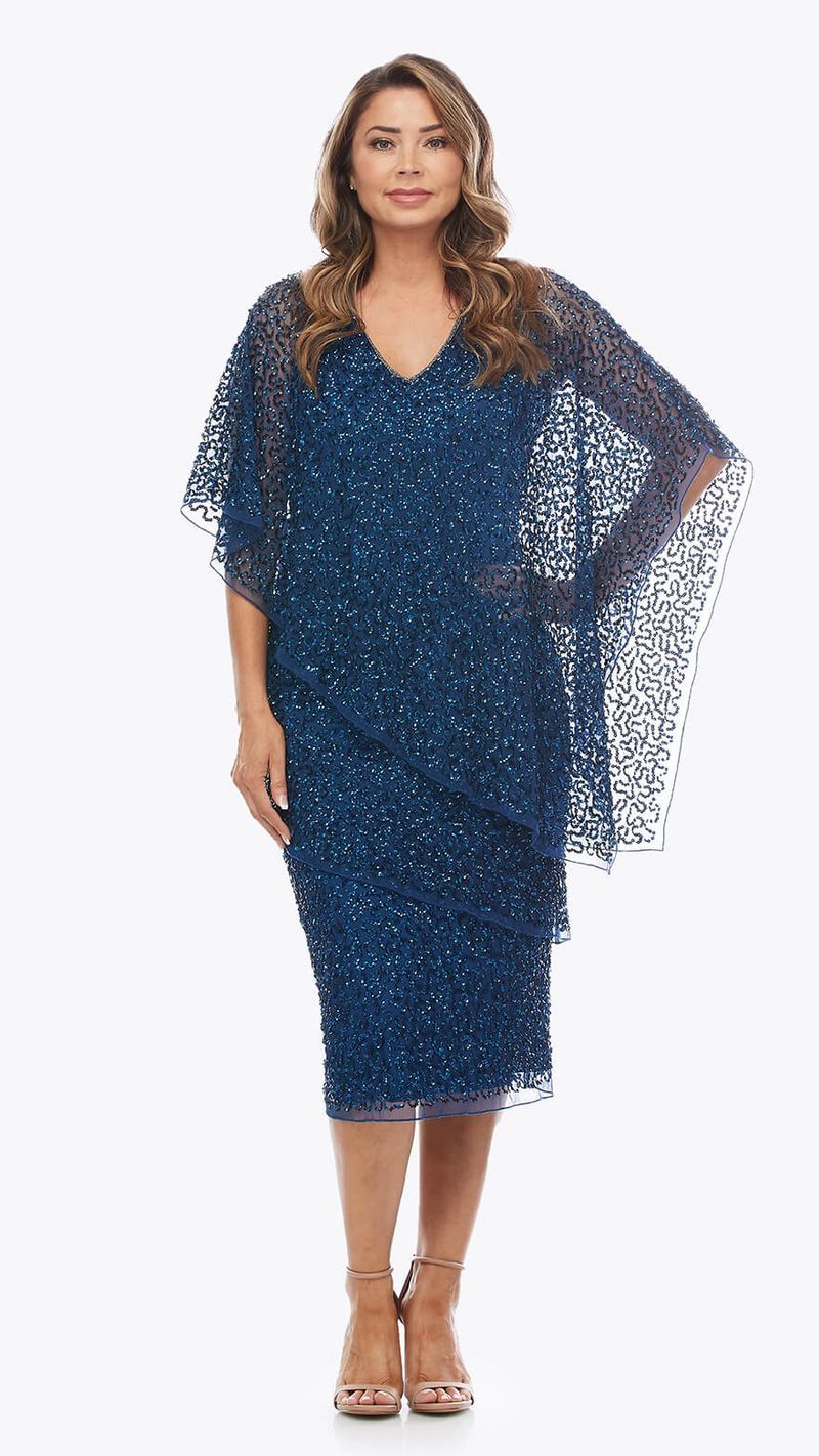 Blue sequin midi dress with sheer overlay sleeves elegant evening wear