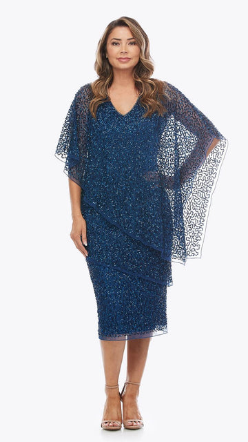 Blue sequin midi dress with sheer overlay sleeves elegant evening wear