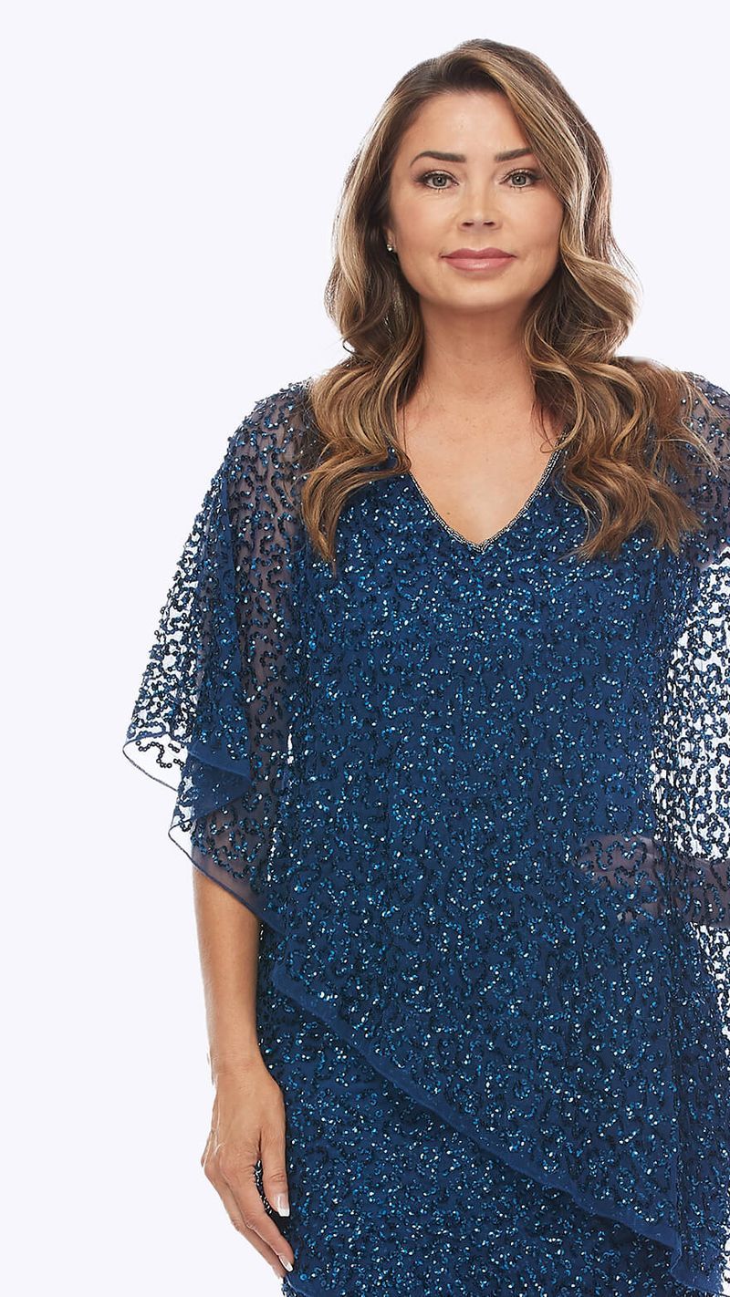 Blue sequin midi dress with sheer overlay sleeves elegant evening wear