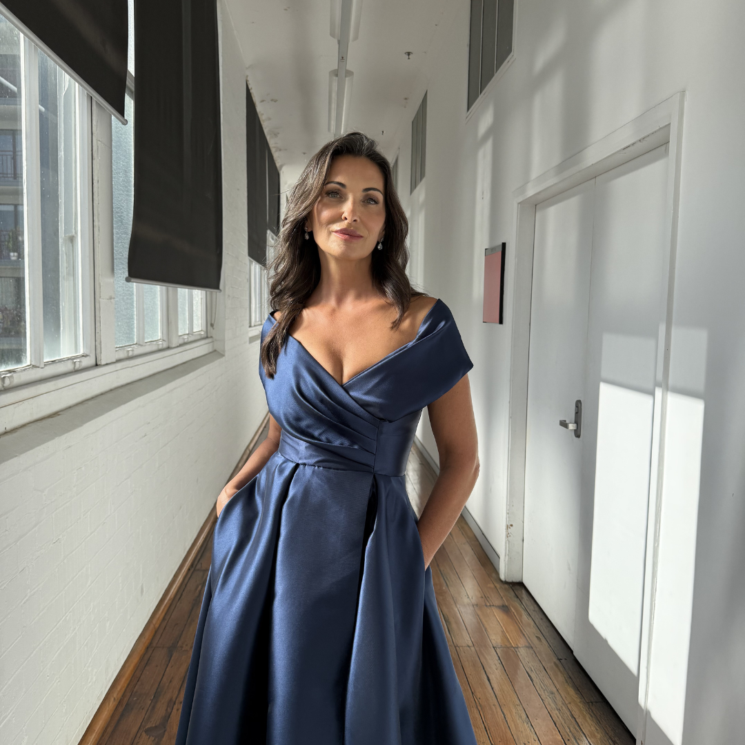 Eloisa Off Shoulder Gown Navy | Inverted Pleat Satin Formal Dress Australia