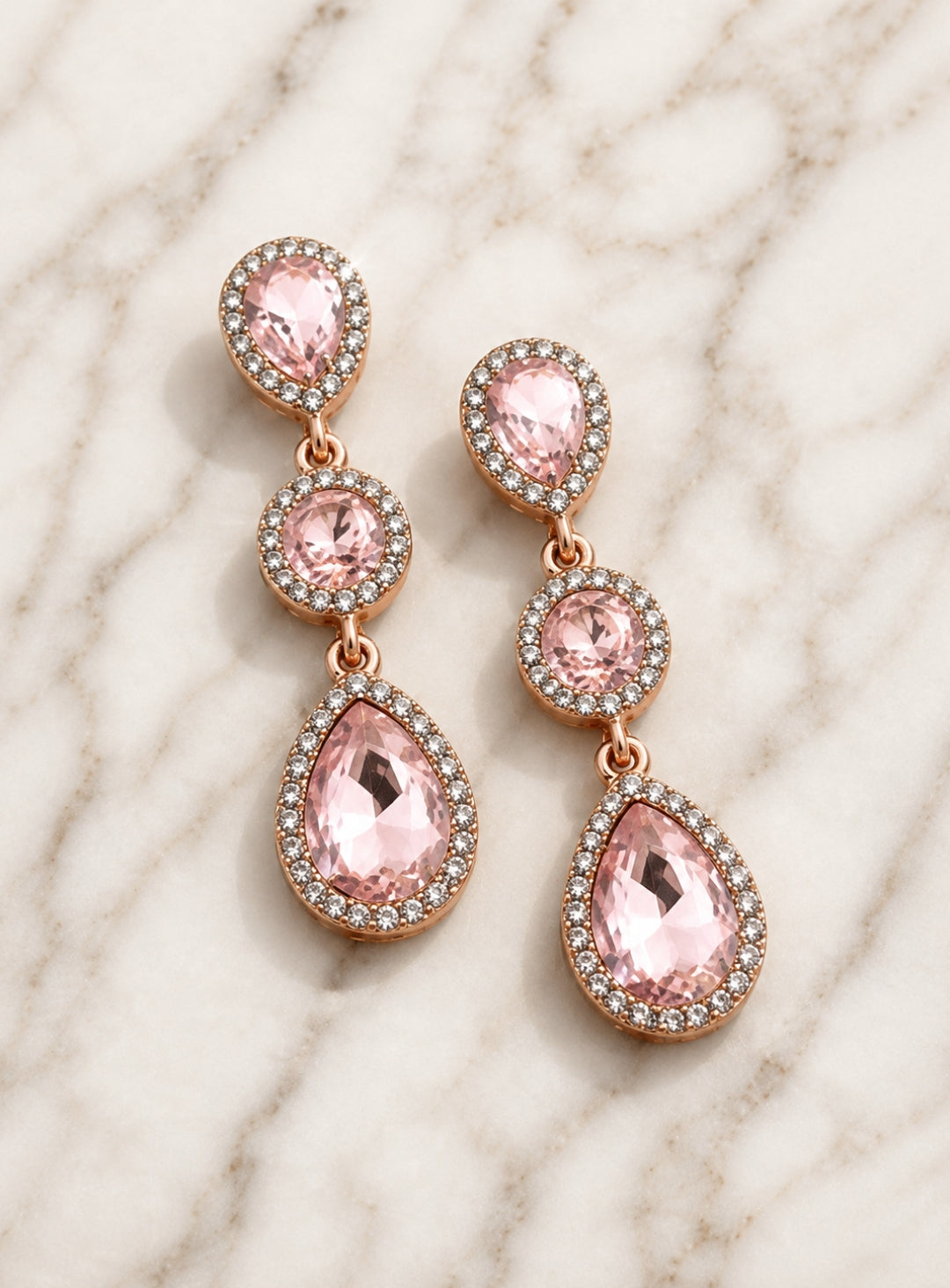 Rose Pink Crystal Drop Earrings with Halo Detailing | Elegant Pink Statement Earrings