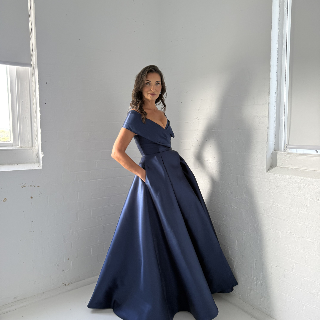 Eloisa Off Shoulder Gown Navy | Inverted Pleat Satin Formal Dress Australia