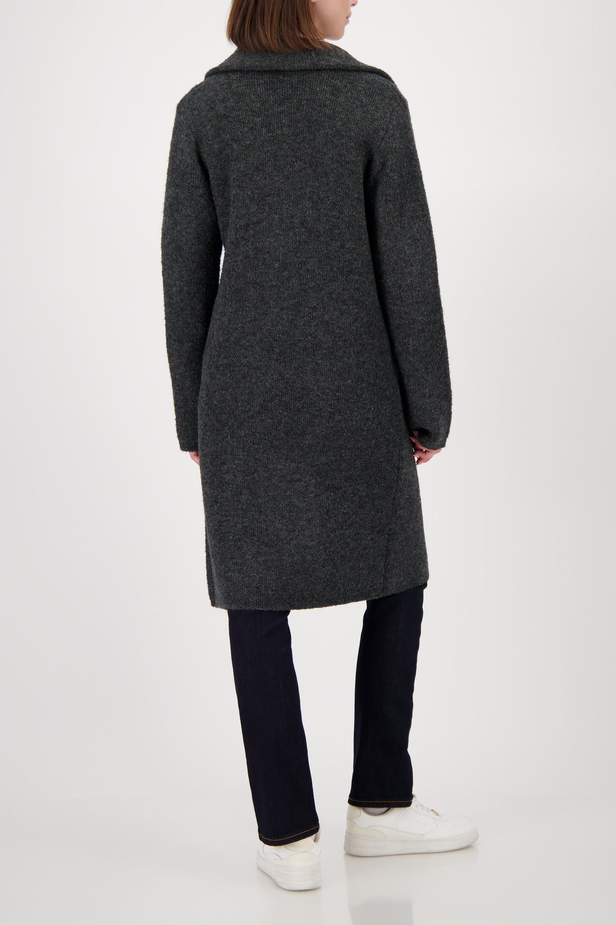 KN Coat Char gray back view worn by model on white background