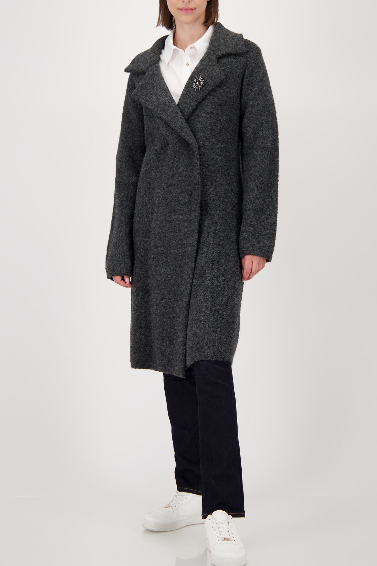 KN Coat Char gray front view worn by model on white background