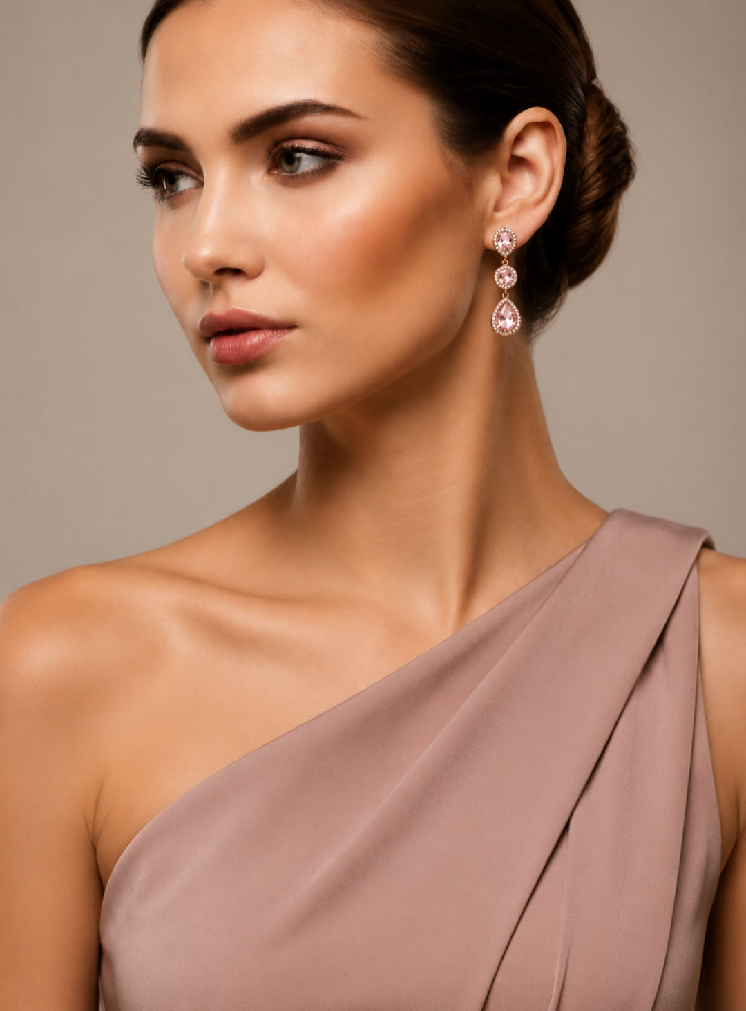 Rose Pink Crystal Drop Earrings with Halo Detailing | Elegant Pink Statement Earrings