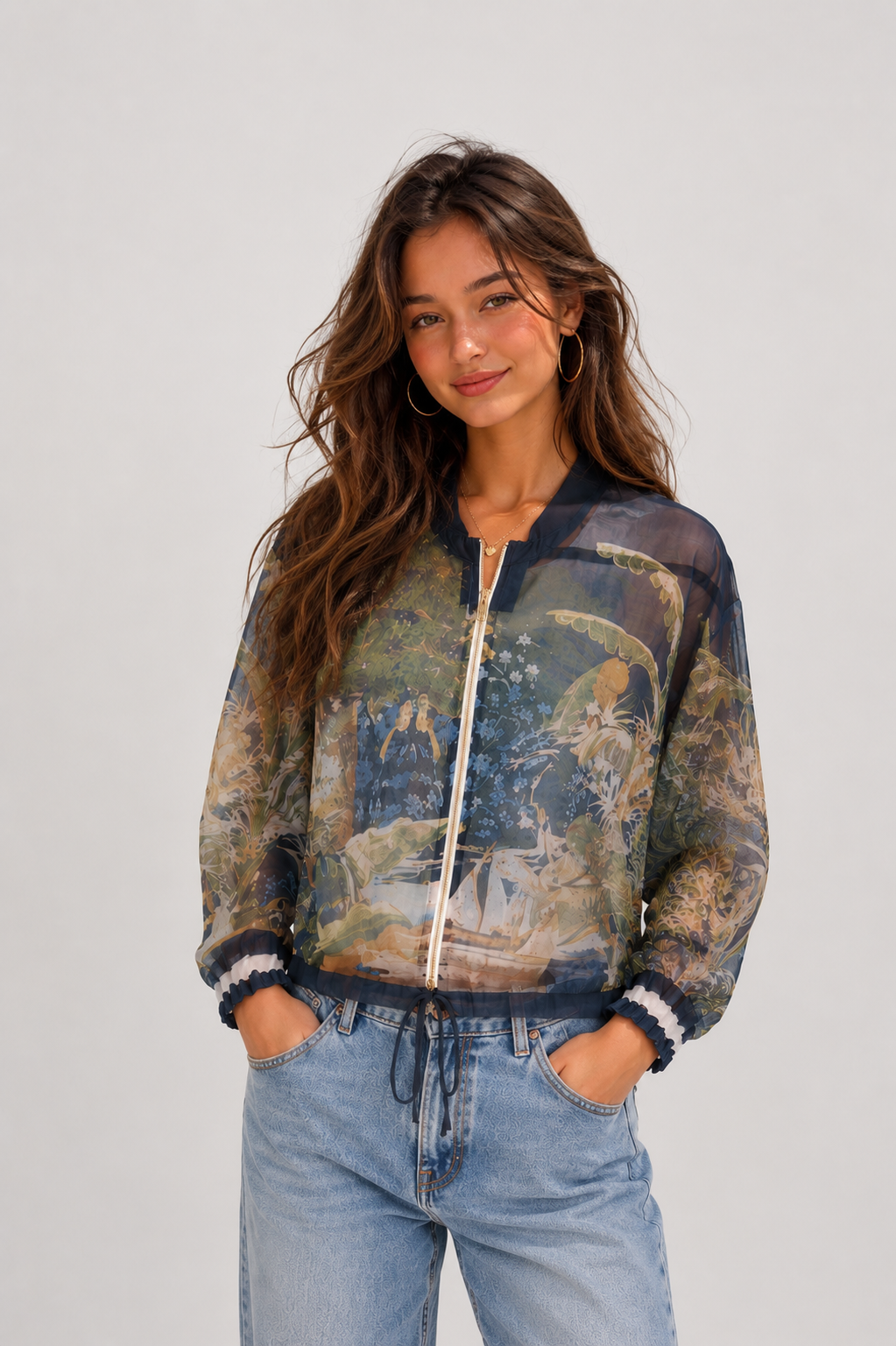 Sheer Nature-Inspired Bomber Jacket – Lightweight & Stylish Layering
