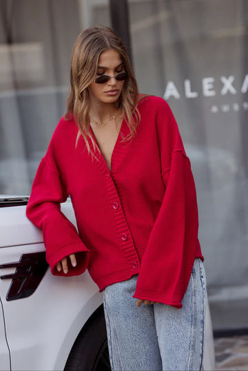 Alexandra red oversized knit cardigan front view casual outfit Australia Showies Boutique