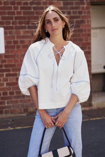 White Puff Sleeve Tie-Neck Blouse with Contrast Trim Detail | Elegant Puff Sleeve Blouse Australia