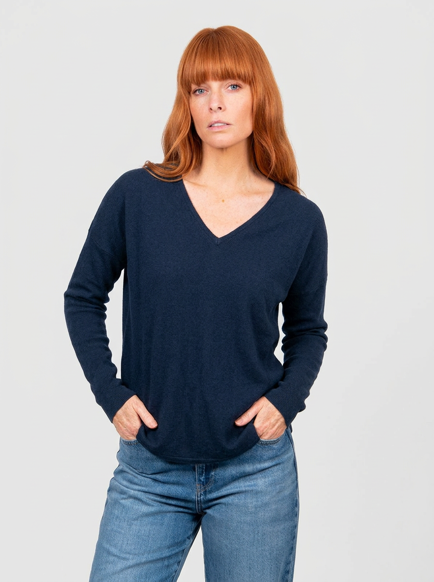Black ink merino cashmere knit sweater V-neck jumper women