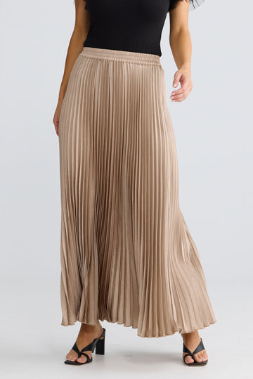 Elegant Sand Pleated Maxi Skirt with Flowy Silhouette