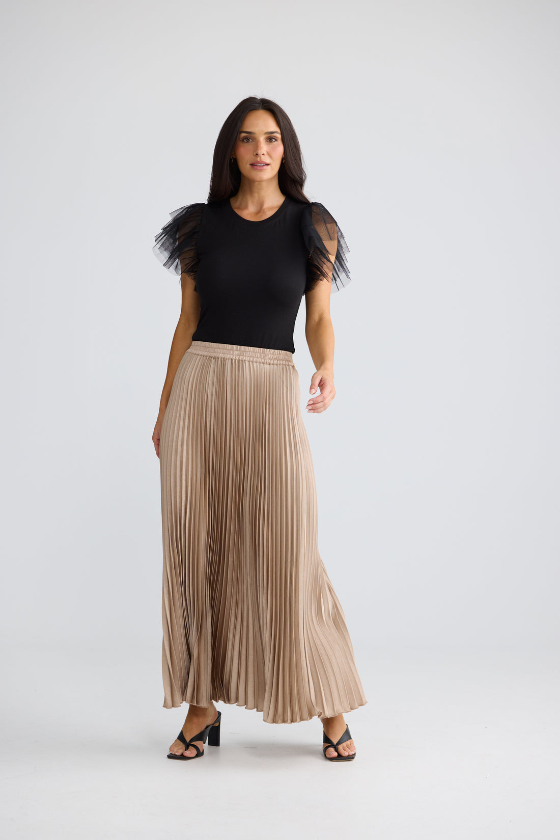 Elegant Sand Pleated Maxi Skirt with Flowy Silhouette