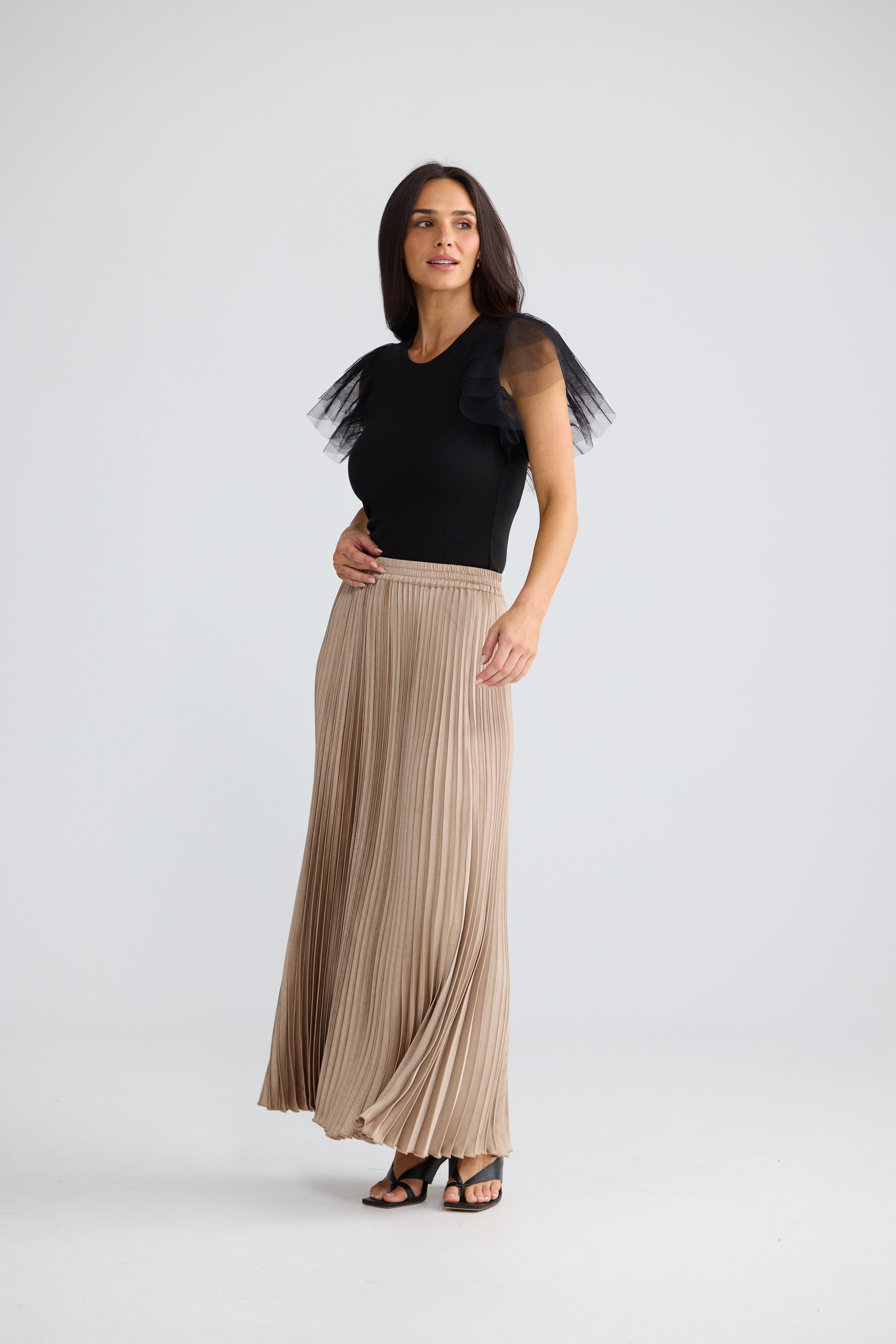 Elegant Sand Pleated Maxi Skirt with Flowy Silhouette