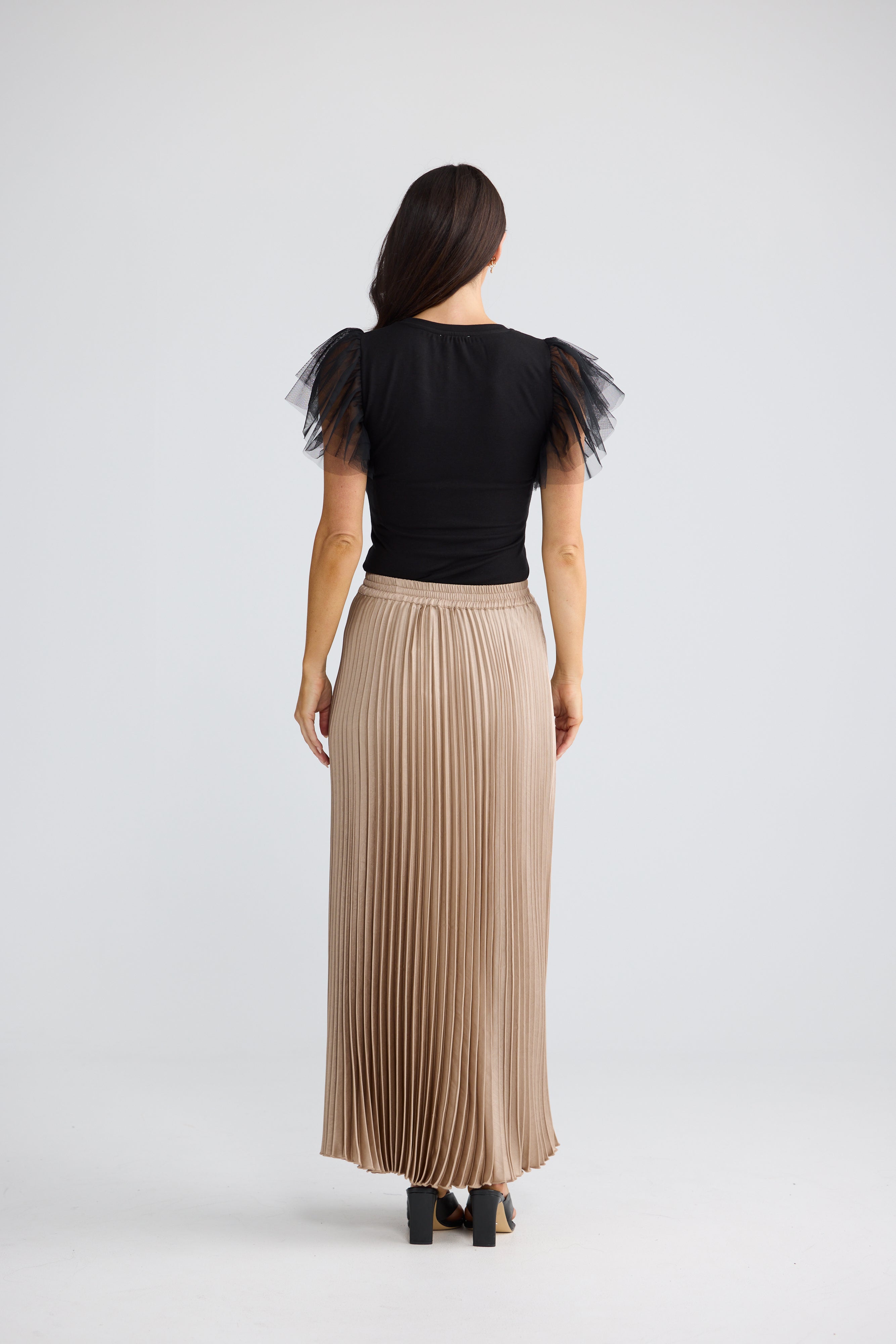 Elegant Sand Pleated Maxi Skirt with Flowy Silhouette