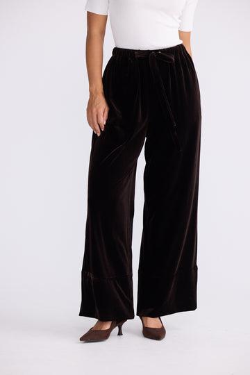 Chocolate Velvet Wide-Leg Tie Waist Pants | Elegant Luxe Relaxed Fit Pants Australia