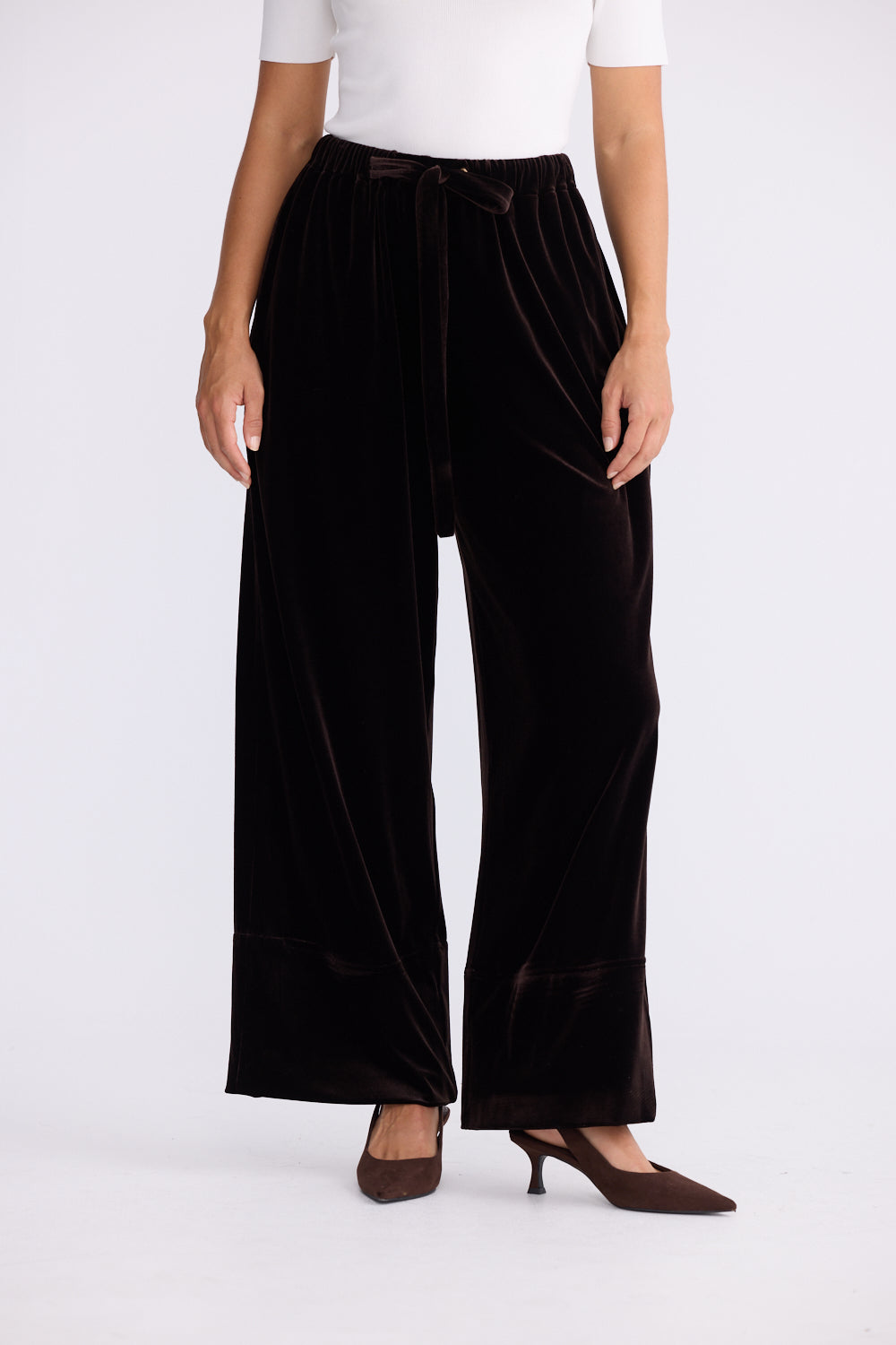 Chocolate Velvet Wide-Leg Tie Waist Pants | Elegant Luxe Relaxed Fit Pants Australia