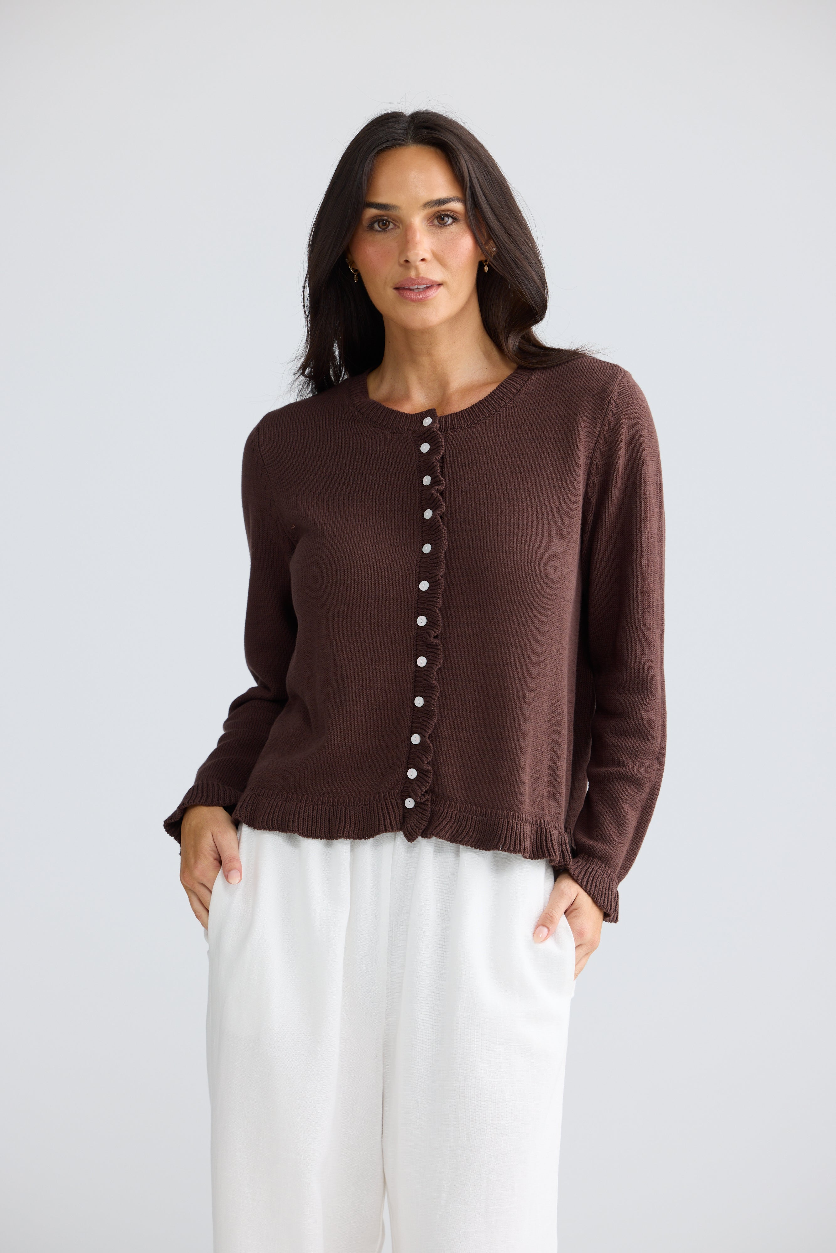Lorrie Frill Knit Cardigan in Chocolate and Pink
